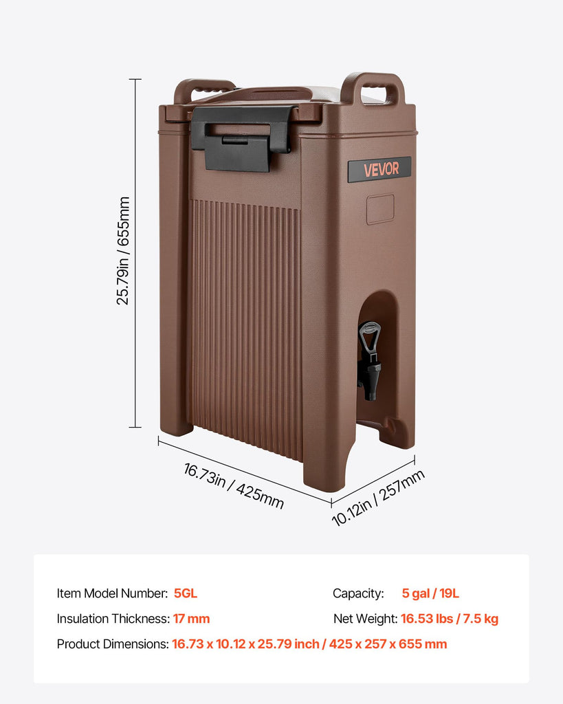Insulated Beverage Dispenser, 5 Gal/19L Hot and Cold Beverage Server with Spigot & Handle, Food-Grade Thermal Drink