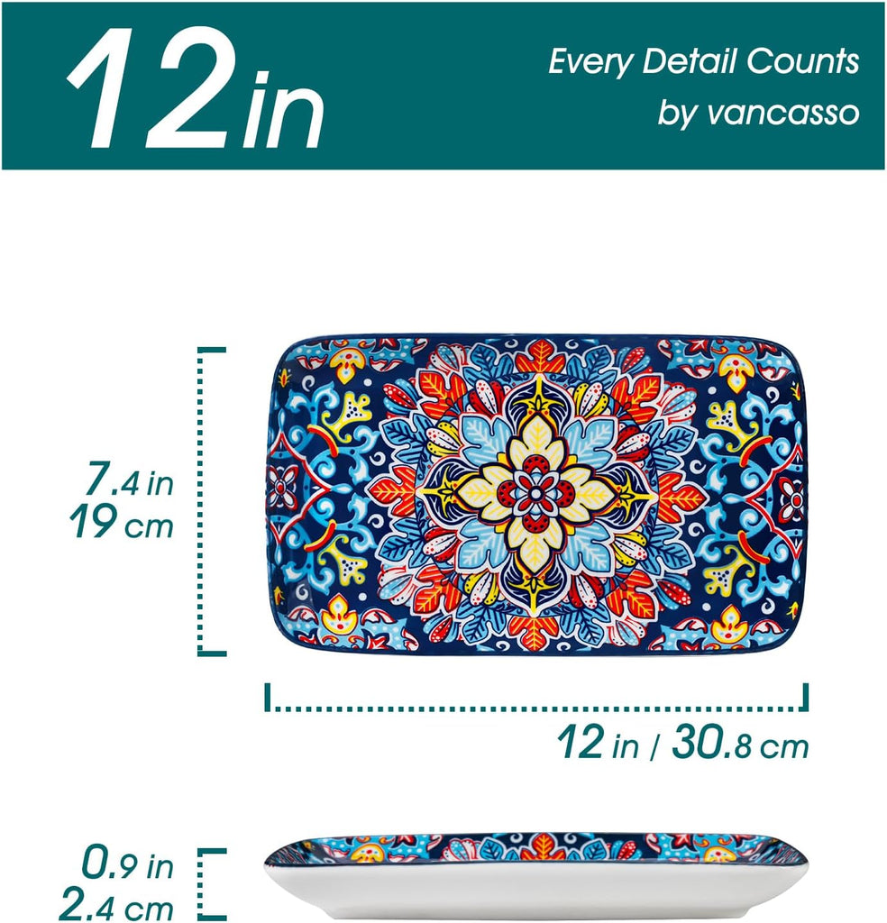Serving Platters Set of 4, 12" x 7.4" Inch Rectangular Trays Large | Ceramic Serving Dish for Entertaining Food