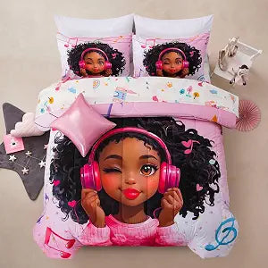 Pink Comforter Sets, Girl Winking Listening Music Printed, 6Pcs Bed in A Bag Queen All Seasons Bedding Set,for Kids - Set of 6