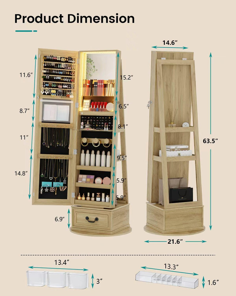 Mirror Jewelry Cabinet Standing with Lights, Lockable, Swivel, Wood
