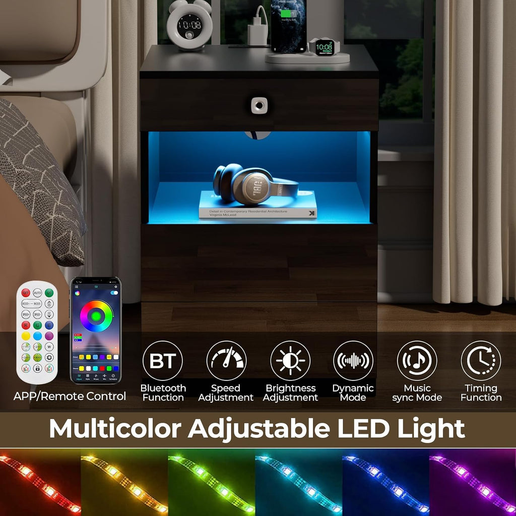 Smart Nightstand with Fingerprint Lock Drawer, Modern LED Nightstand with Charging Station, Bedside Table with Hidden