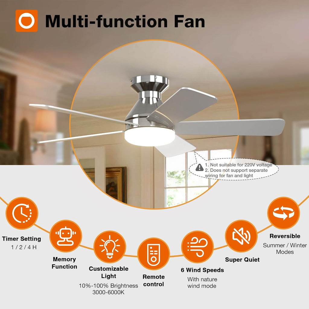 Ceiling Fans with Lights, 42 Inch Low Profile Ceiling Fan with Light And Remote Control, Flush Mount, Reversible, 3CCT, Dimmable, Quiet, Nickel Small Ceiling Fan for Bedroom Indoor/Outdoor Use