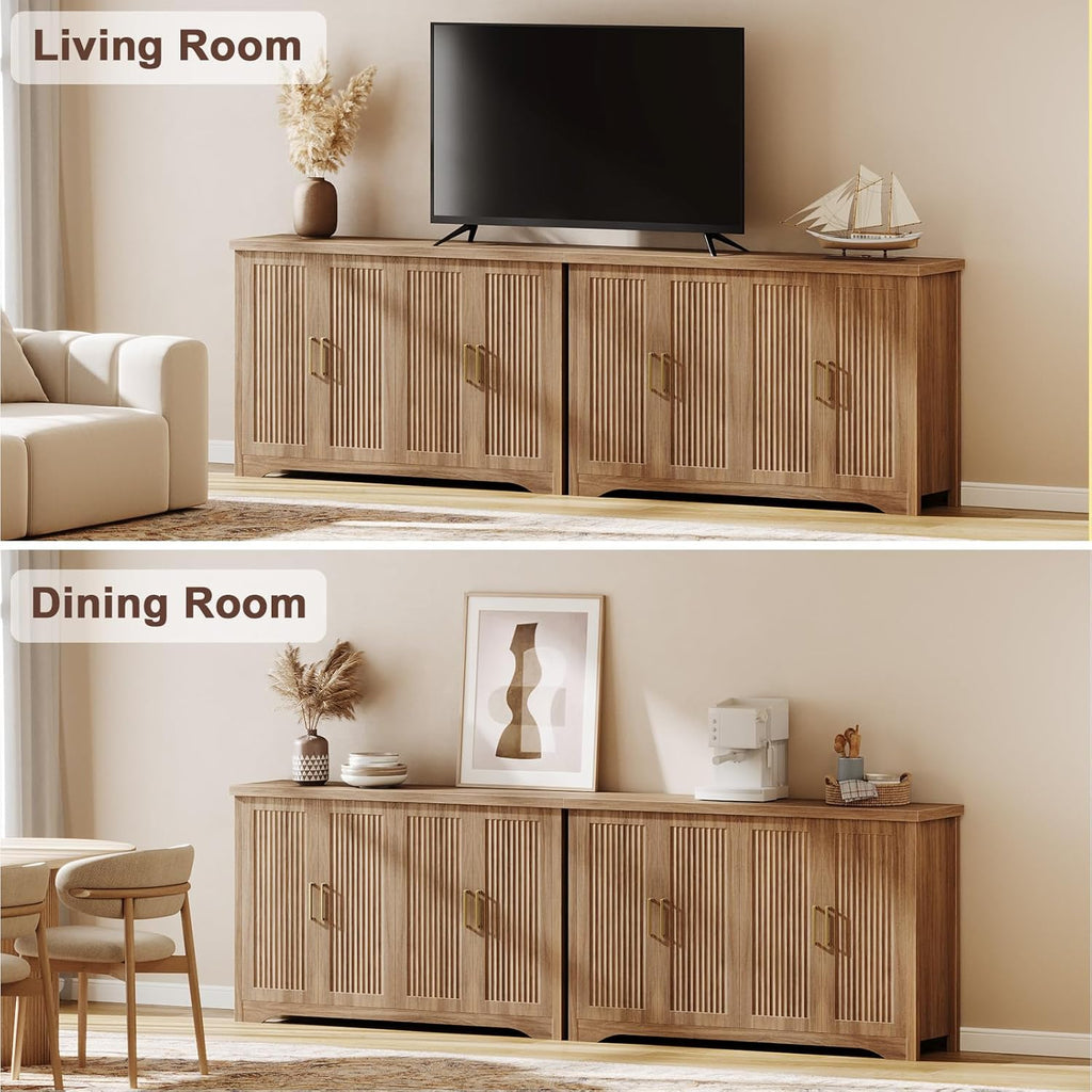 Fluted Buffet Cabinet with Storage Accent Sideboard,Modern Credenza with 4 Doors & Adjustable Shelves,Wood Coffee Bar