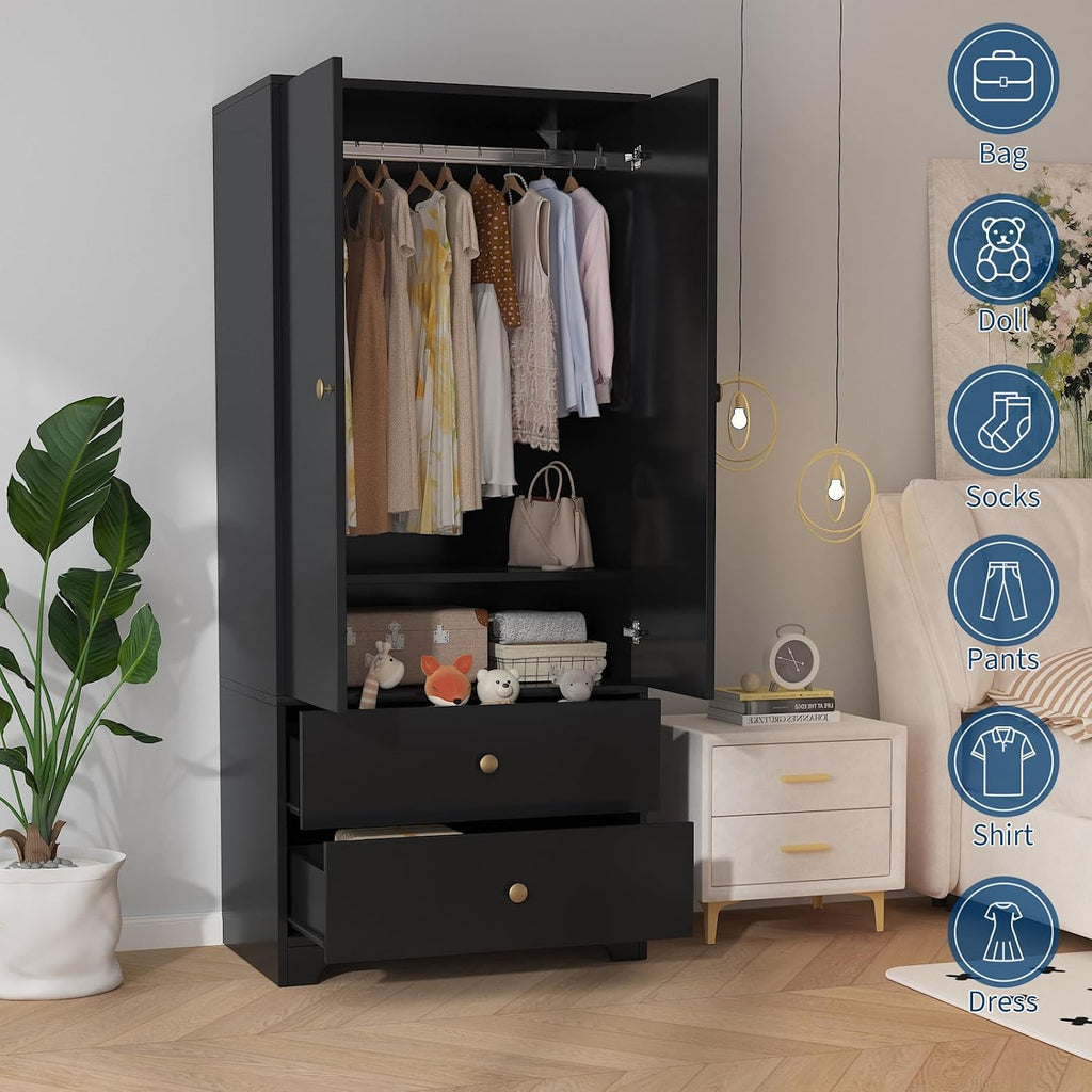 71" Armoire Wardrobe Closet, Modern Wooden Bedroom Armoire with 2 Drawers & 2 Doors and Adjustable Shelves,Clothing