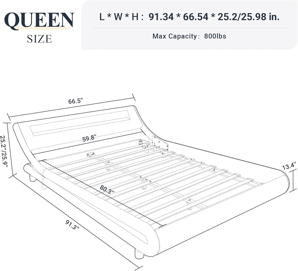 Queen LED Platform Bed Frame with Adjustable Headboard/No Box Spring Need/Easy Assembly/Faux Leather in Black
