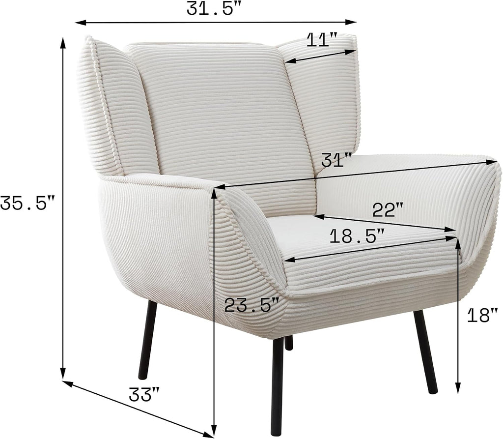 Corduroy Wingback Accent Chair, High Back Armchair with Deep Seat, White | Classic Wingback Style, 32D