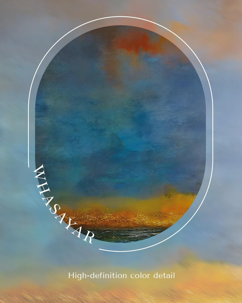 Abstract Ocean Wall Art 16x24 Framed Canvas Print with Golden Vintage Frame, Waves Sun Sky Art Modern Seascape Oil