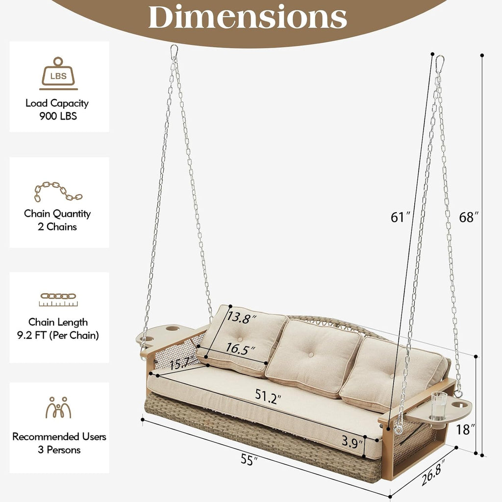 3-Seat Wicker Hanging Porch Swing with Cup Holders and Cushions | Porch Swing with Cushions, Heavy Duty Chains