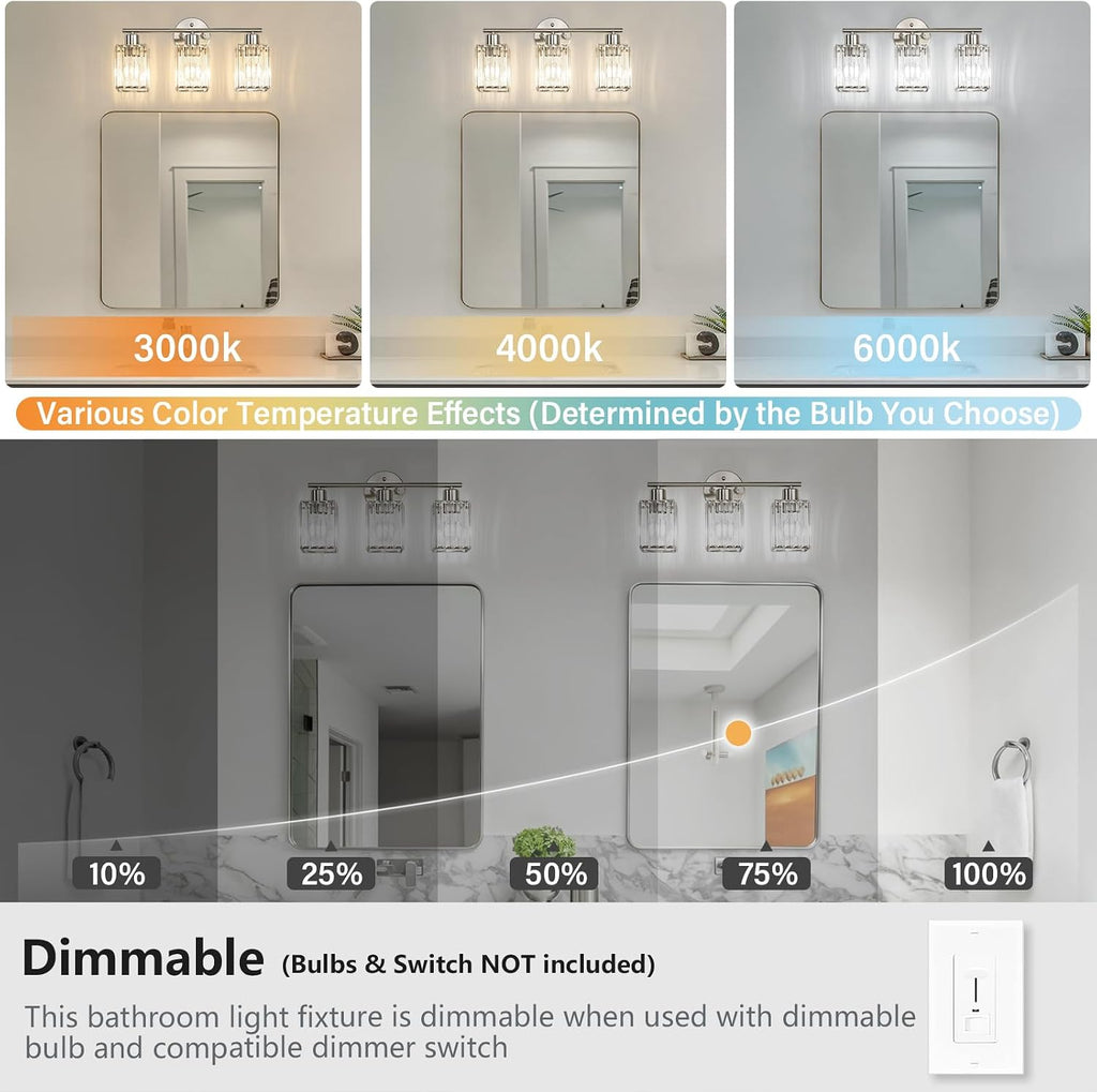 3 Light Bathroom Light Fixtures, Modern Crystal Vanity Lights over Mirror | Metal Frame, Bathroom Light with Square