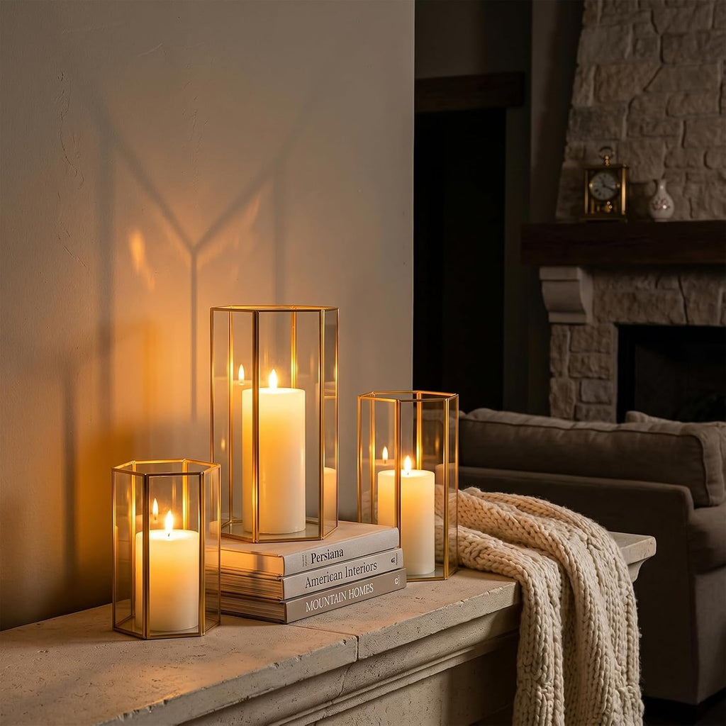 Glass Hurricane Candle Holder, Set of 3 Large Clear Hexagon Lanterns Pillar Candle Lantern with Gold Metal Frame