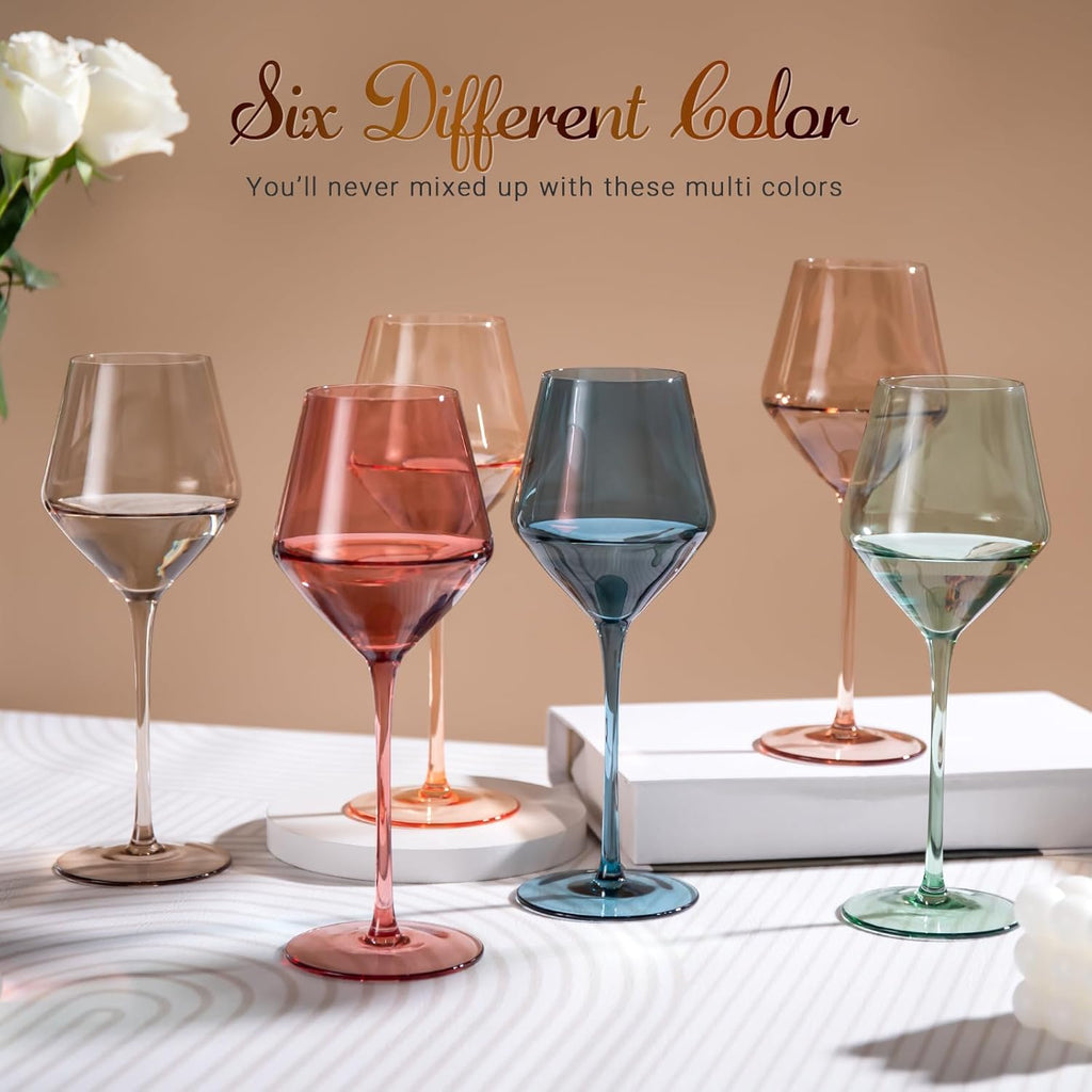 Colored Wine Glasses Set of 6-16OZ Colorful Wine Glass with Stem【HandBlown】 Muted Wine Glasses Colored Set,Wine Gifts