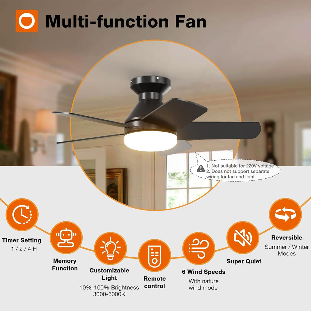 Ceiling Fans with Lights, 32 inch Low Profile Ceiling Fan with Light and Remote Control, Flush Mount, Reversible, 3CCT, Dimmable, Quiet, Black Small Ceiling Fan for Bedroom Indoor/Outdoor Use