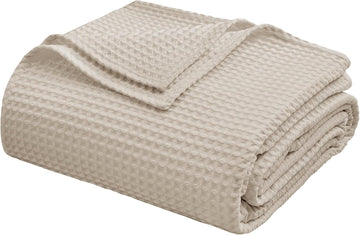 100% Egyptian Cotton Waffle Weave Throw Blanket, Soft Lightweight Bed & Couch Blanket for All Seasons (Light Khaki
