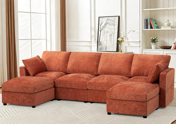 110” Chenille 4 Seater Sofa W/Movable Ottomans, Modern Fabric U-Shaped Couch w/Soft Backrests