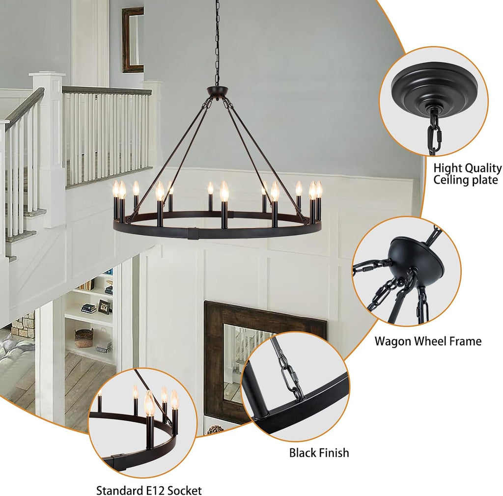 Black Wagon Wheel Chandelier 38 inch, 12-Light Black Round Industrial Farmhouse Chandeliers for High Ceilings Dining