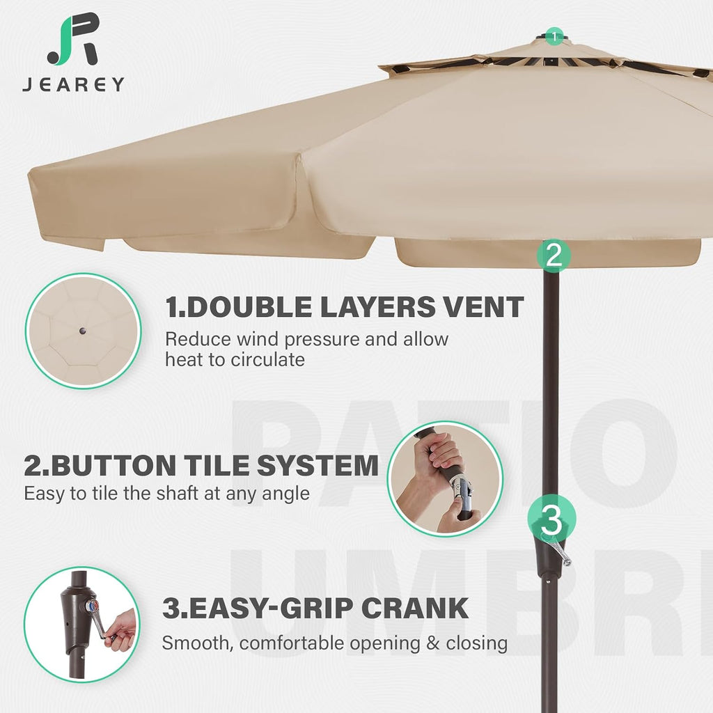 9' 2-Tiers Patio Umbrellas Outdoor Market Table Umbrella w/Push Button Tilt/Crank, 8 Sturdy Ribs - Beige