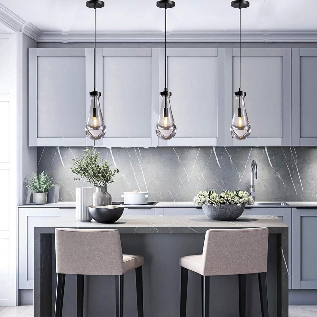 Raindrop Pendant Lights Kitchen Island Set of 3 Teardrop Black Hanging Light Fixtures Clear Solid Glass Pendant Light Modern Chandeliers for Dining Room Porch Corridor Living Room