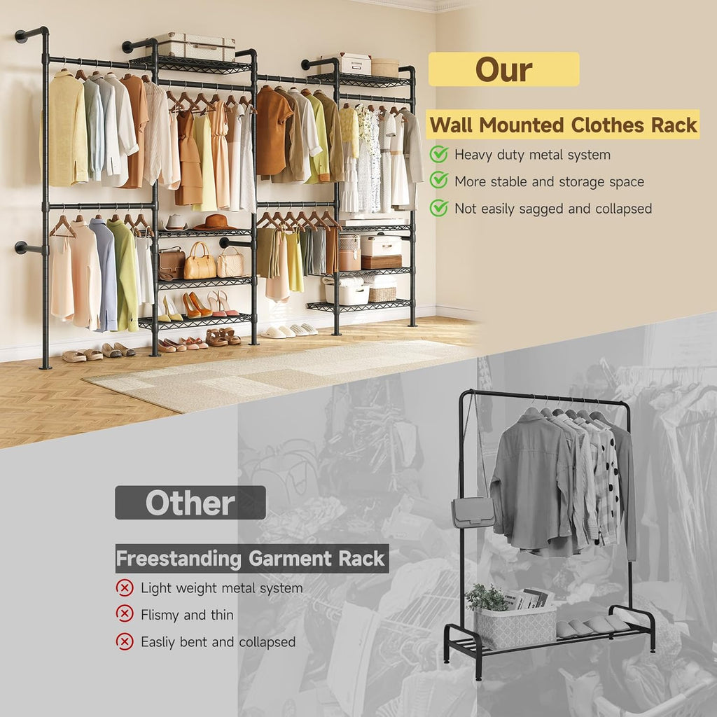 H4 Wall Mounted Closet System, Expandable Industrial Pipe Clothes Rack Clothing Rack for Hanging Clothes, Heavy Duty