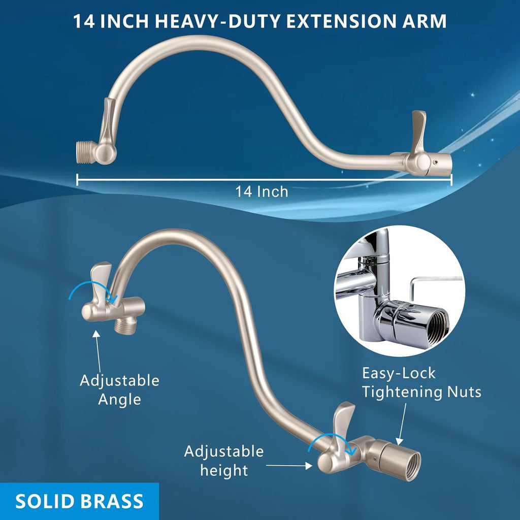 10" Square Rain Shower Head with 14" Extension Arm, Adjustable Angle and Height