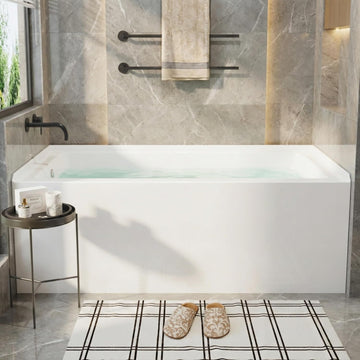 Acrylic Alcove Bathtub 60x30 Inch Rectangular Soaking Tub with Integral Apron Front, Right Drain Glossy White Brushed
