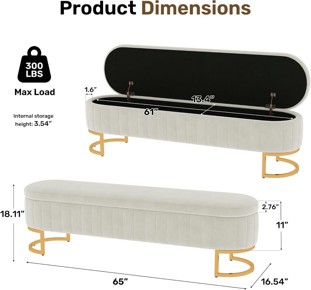 65" Velvet Storage Ottoman Bench End of Bed Entryway Beige
