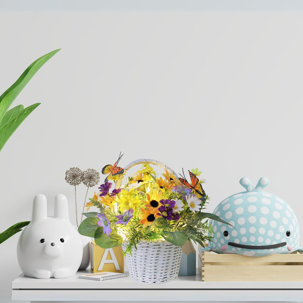 Artificial Flowers in Basket Vase with Lights, Faux Floral Arrangement for Table,Home Kitchen Centerpieces Party Decor