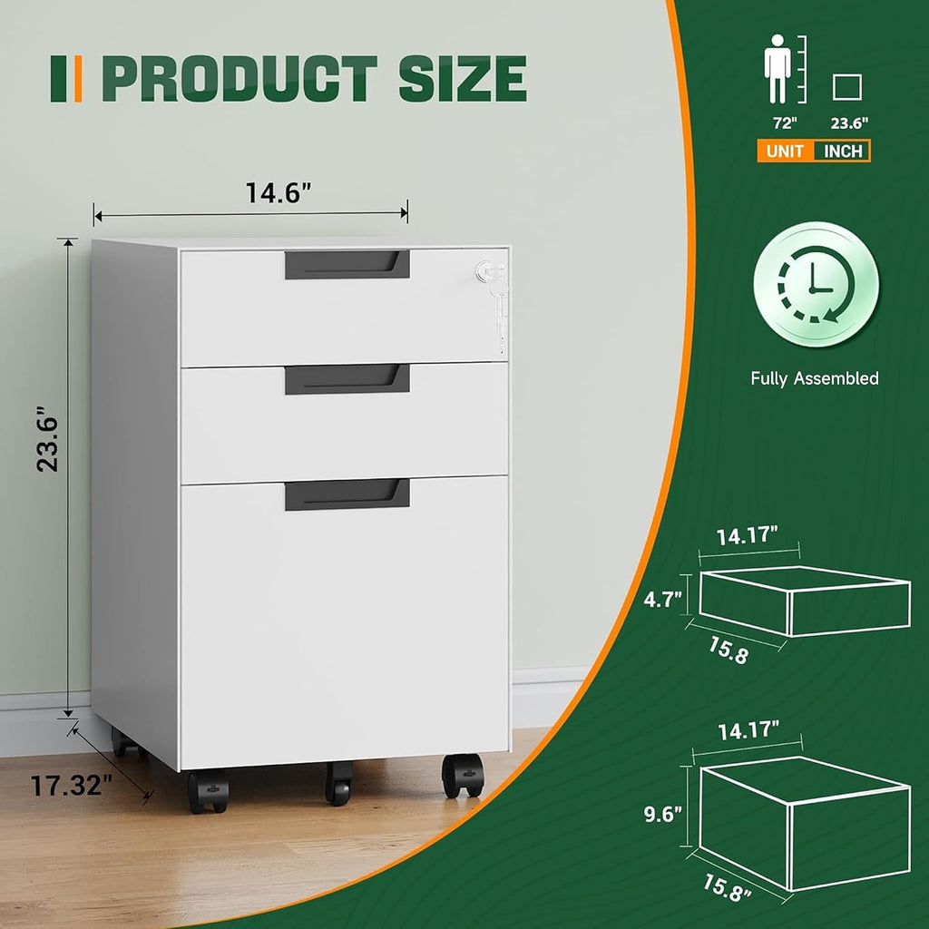 3 Drawer Mobile File Cabinet with Lock,Under Desk Metal Small Filing Cabinets Organizer Letters/Legal/A4(Fully