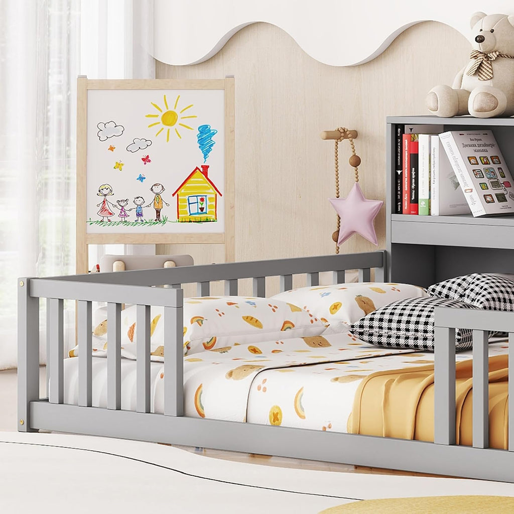 Kids Montessori Floor Bed,Full Size Floor Bed with Bookcase and Shelves,Full Bed Frame with Guardrails for