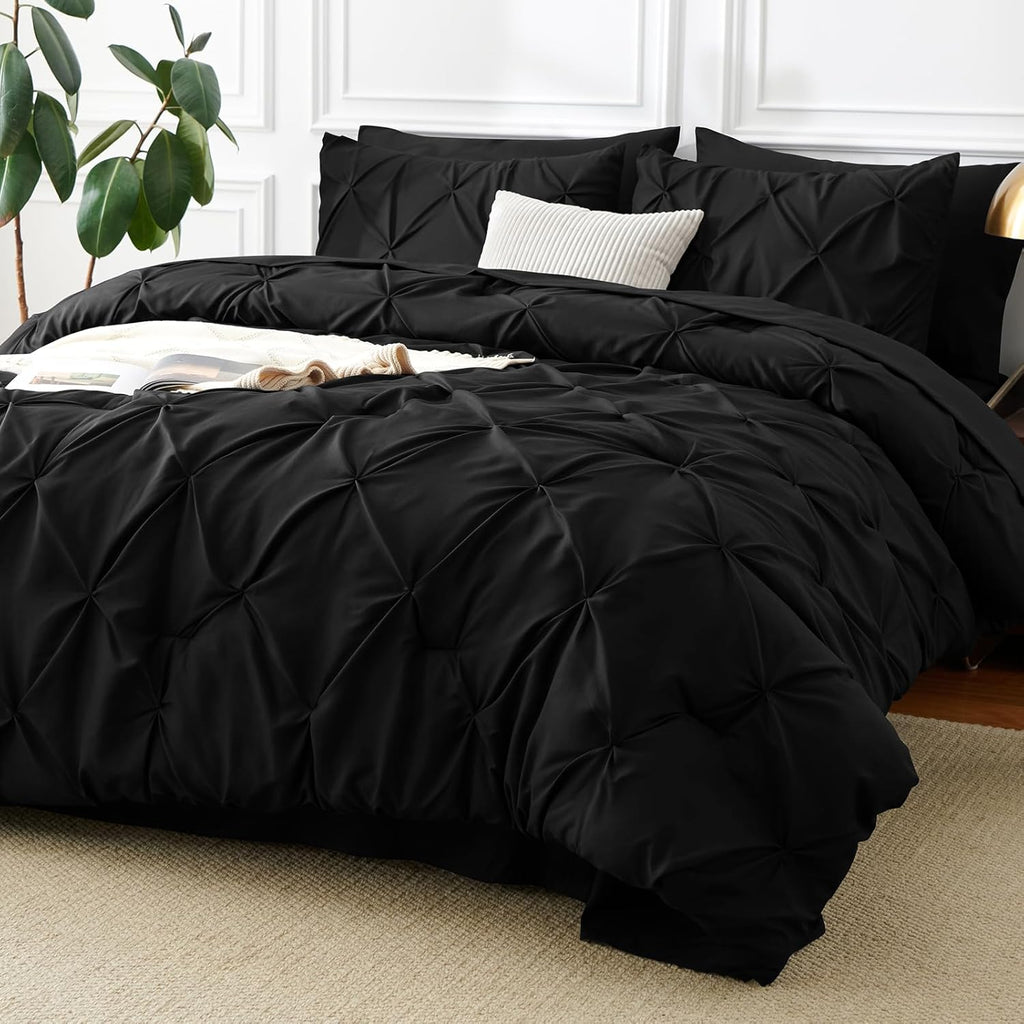 Comforter Set 7 Pieces Bed in A Bag Black Luxury Soft Bed Set Pintuck Pinch Pleat Bedding Sets