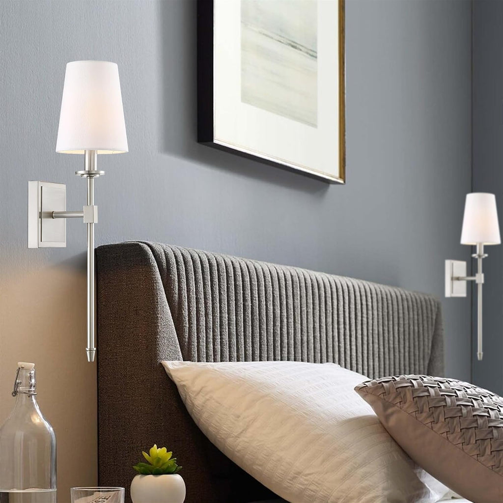 Torche 20" Mid Century Modern Wall Sconce Vanity | Tapered White Linen Shade, Silver Candle Wall Light with Elongated