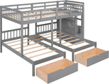 L Shaped Bunk Bed Full Over Twin Over Twin for 3, Triple Bunk Beds Frame with Storage Drawers and Staircase
