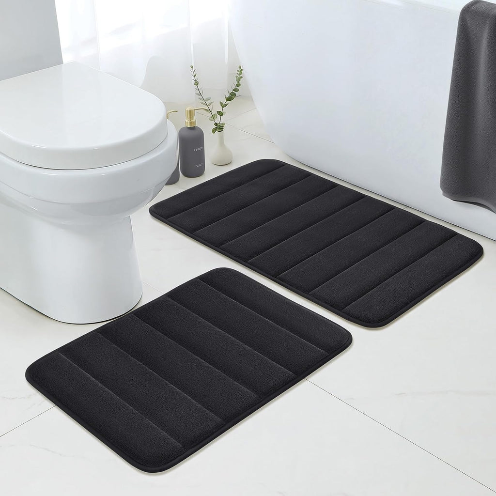 Bathroom Rugs Sets 2 Piece, Memory Foam Non Slip Extra Soft Absorbent Machine Washable Toilet Bath Mats (Black