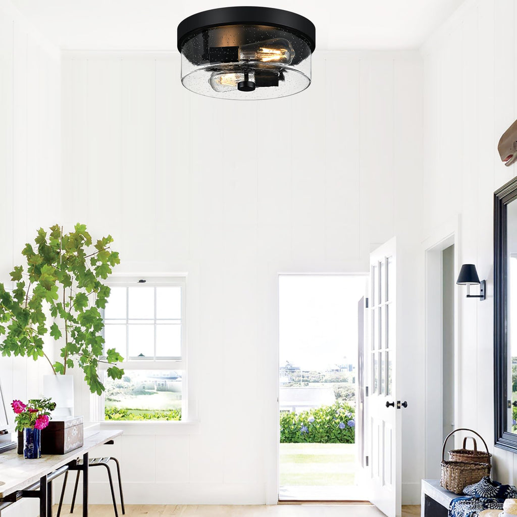 Black Flush Mount Ceiling Light Fixtures, 2-Light Ceiling Mount for Farmhouse with Seeded Glass Lampshade, Industrial