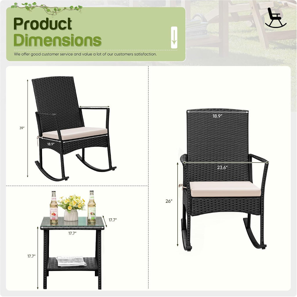 Rocking Chair Outdoor High Back Patio Chairs with Table,Beige | PE Rattan Porch Rocker Patio Conversation Sets for