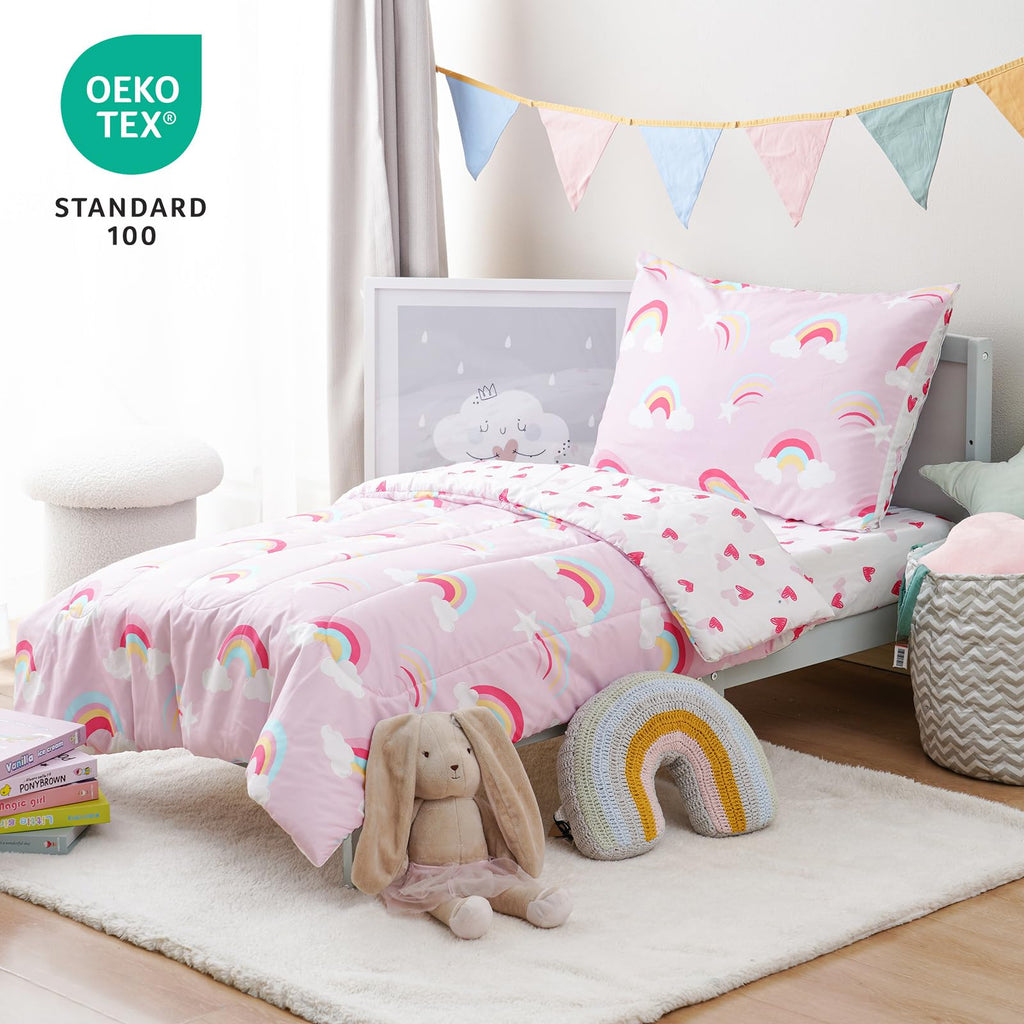 4 Piece Toddler Bedding Set - Soft Breathable Toddler Bedding Set for Girls, Includes Quilted Comforter, Flat Sheet