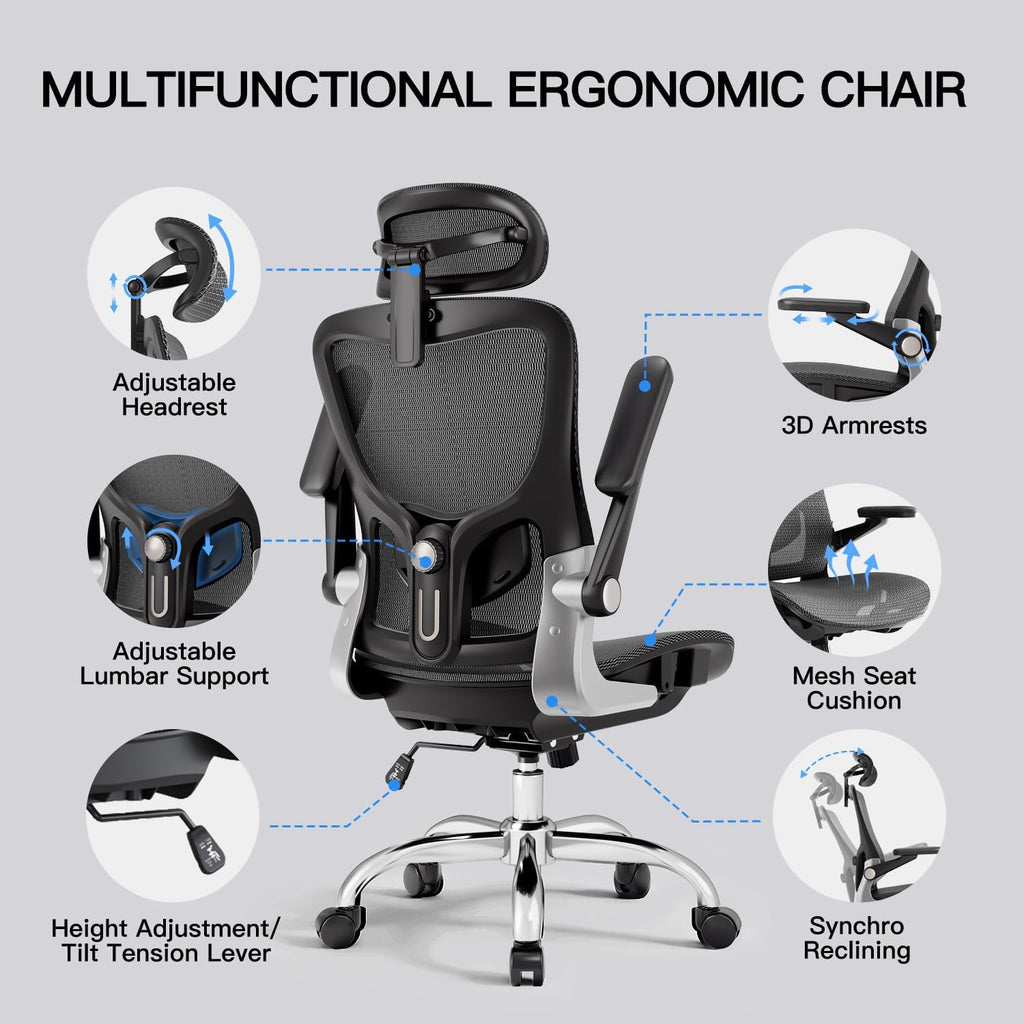 Ergonomic, Mesh Desk Chair with 3D Armrests, Adjustable Lumbar Support and Headrest, 90-120° Rocking Function, Black