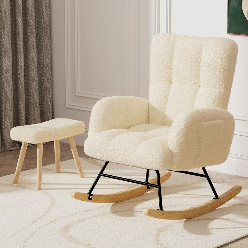 Rocking Chair Nursery with Ottoman,Teddy Upholstered Glider Rocker | High Backrest Reading Chair with Side Pockets