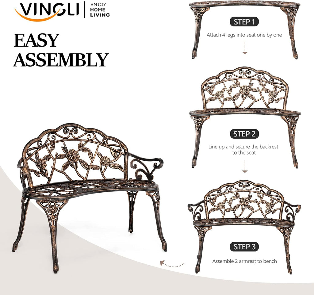 38.5" Patio Park Garden Outdoor Metal Rose Bench, 2-Person Cast Iron Cast Aluminium Frame Antique Finish