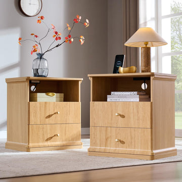 23.6" Tall Modern Nightstand Set of 2, Wood Bedside Table with Charging Station, Mid Century Night Stand w/2 Storage