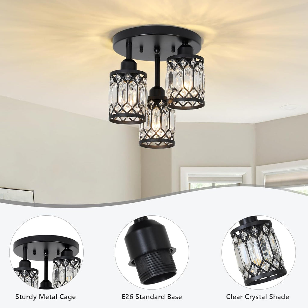 Semi Flush Mount Ceiling Light,3-Light Modern Crystal Close to Ceiling Light Fixtures, Black Kitchen Light Fixtures