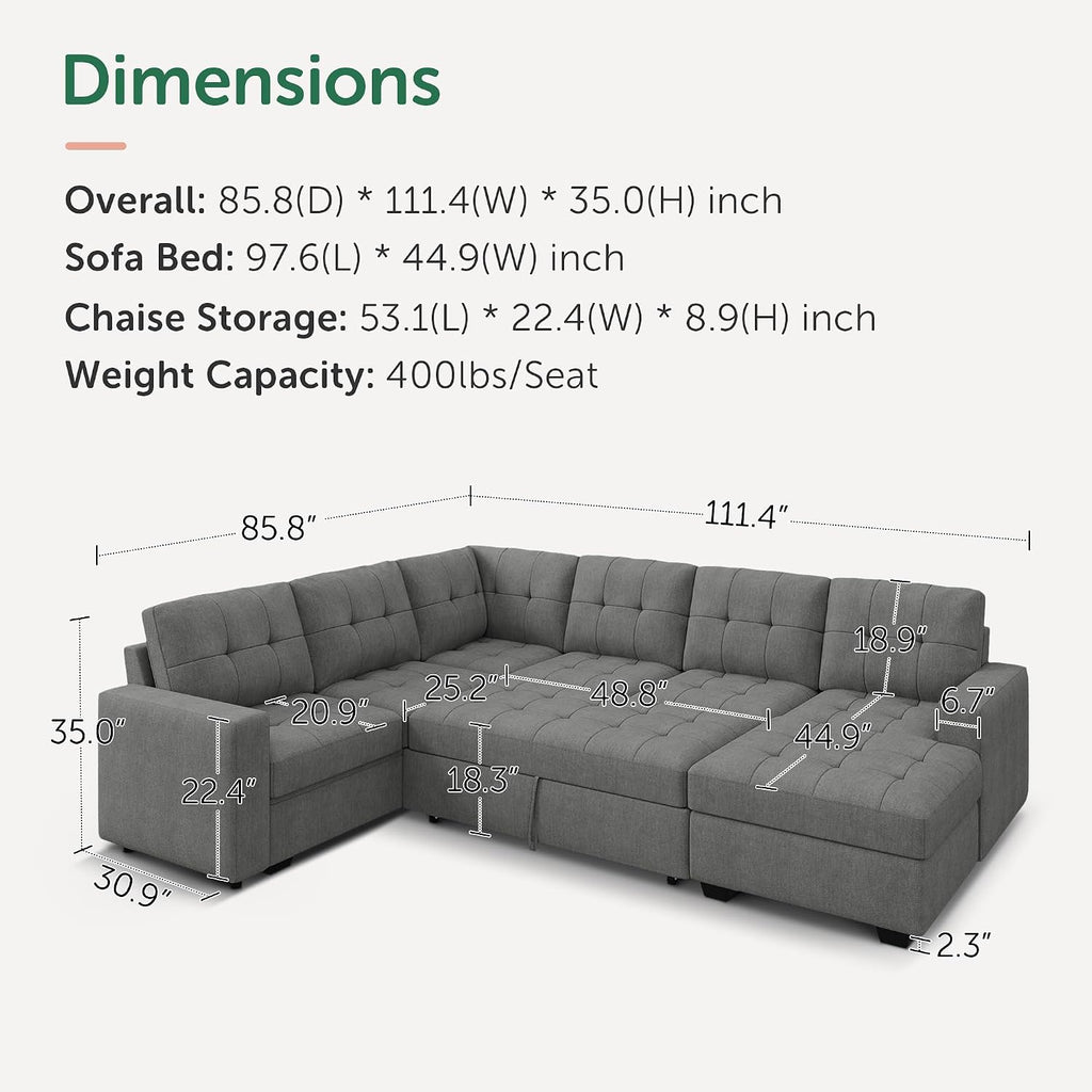 Sleeper Sofa Bed with Storage Chaise, Sectional Couch with Pull Out Bed, U Shaped Sectional Sleeper Sofa Couch, Grey