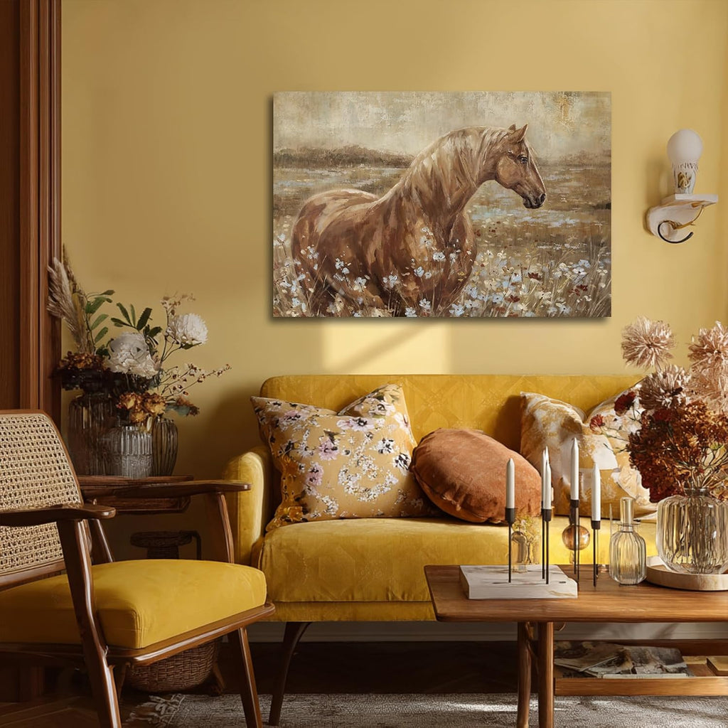 Horse Canvas Wall Art Large Brown Horse Painting Western Farmhouse Wall Decor Above Couch Rustic Animal Wall Art