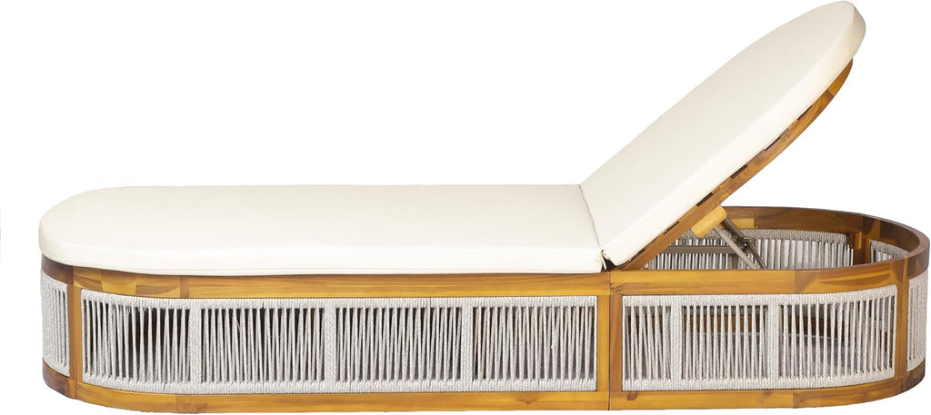 Teak Finish Acacia Wood Chaise Lounge with Cream Cushion, 3-Position Adjustable Outdoor Patio Poolside Lounger