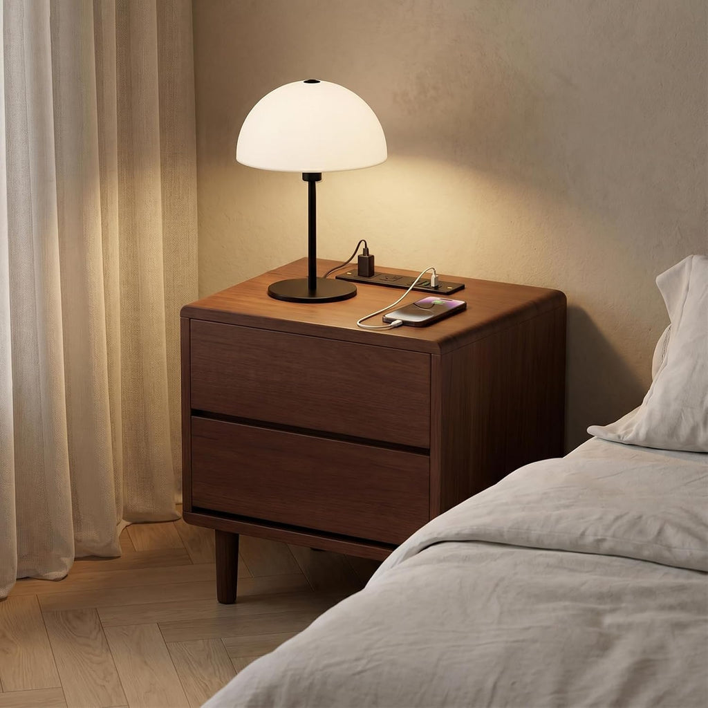 Solid Wood Nightstand with Charging Station,USB-C Port, 15.7 inch Wide End Table with 2 Drawers, Modern Wood Bedside