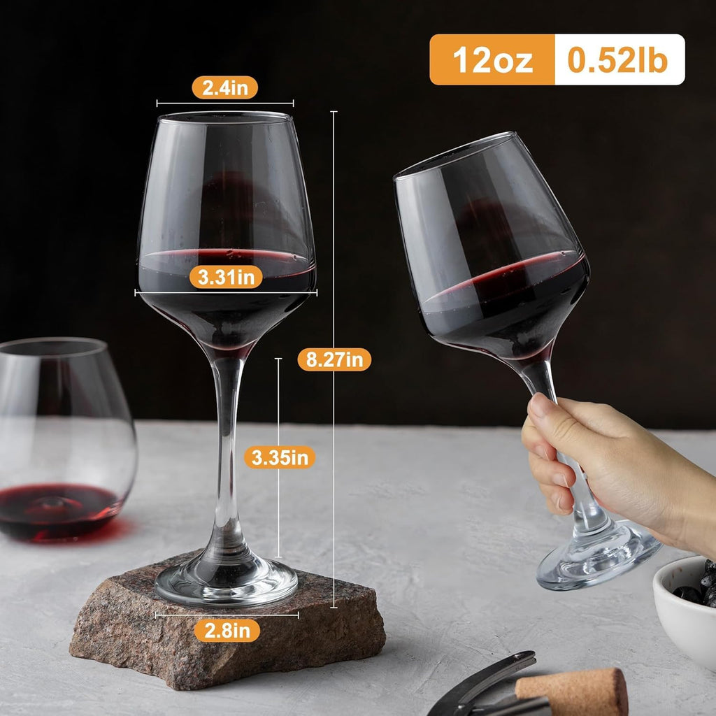 Wine Glasses Set of 6, 12oz Classic Stemmed Glasses, Thick & Clear, Dishwasher Safe Stemware for Red or White, Gift
