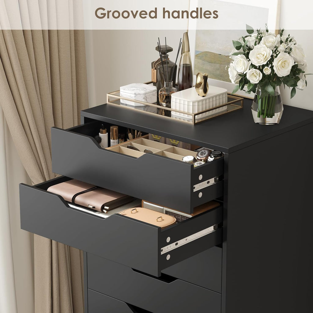 Tall Black Dresser, 8 Drawer Dresser with Groove Handles, Black Tall Dressers, Modern Chest of Drawers with Large