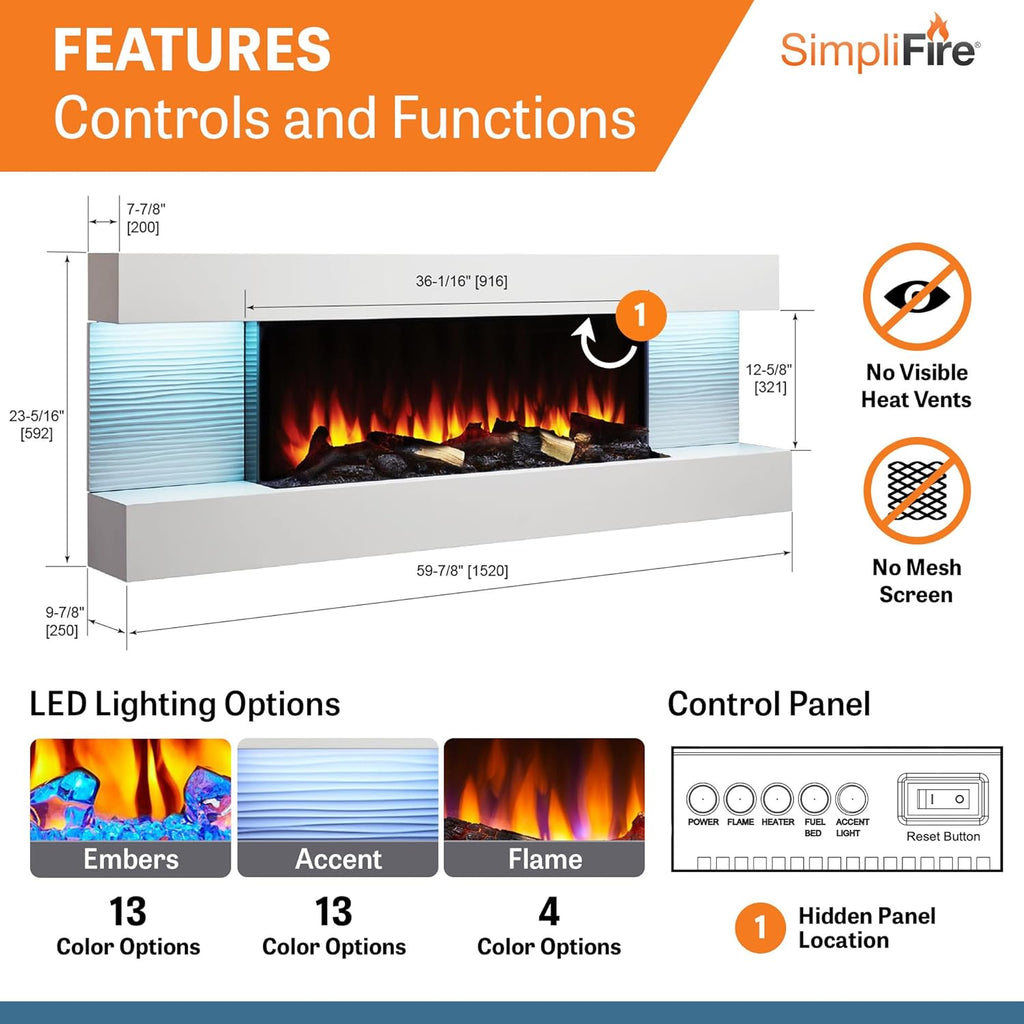 36-Inch Wall Mount Electric Fireplace with 60-Inch Floating Mantel (SF-FORMAT36-SF-FM60-WH)