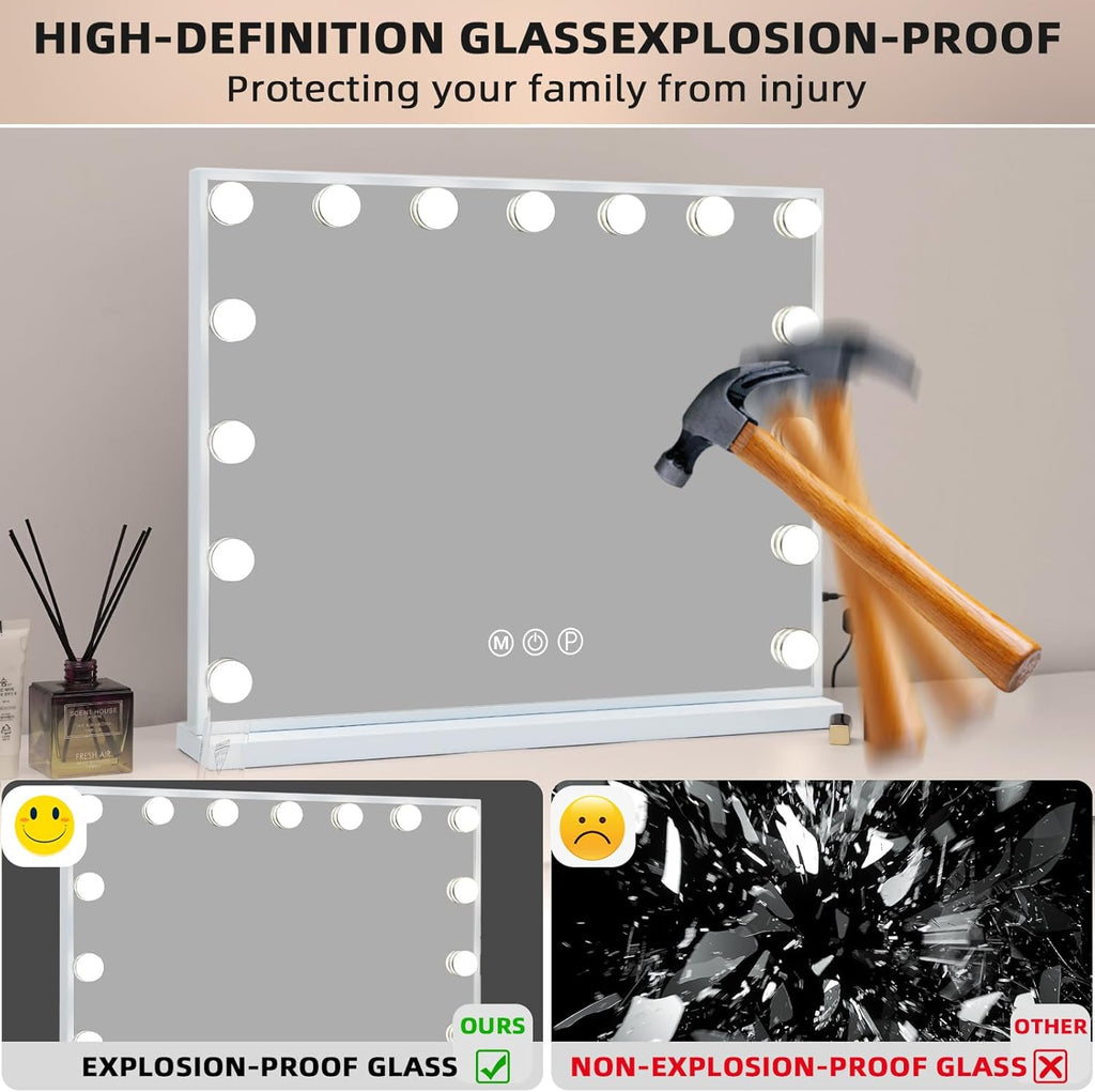 Vanity Mirror with Lights 22.8"x 18.1" Makeup Mirror with Lights and 15 Dimmable Bulbs,3 Colors Modes,Hollywood Mirror