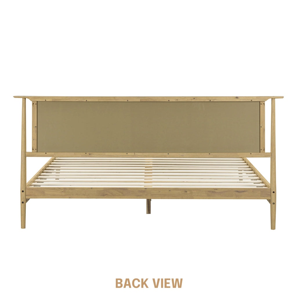 Ruby Wooden Bed Frame with Headboard and Natural Rattan, Solid Oak Foundation with Silent Slats, 1000 Lb Capacity