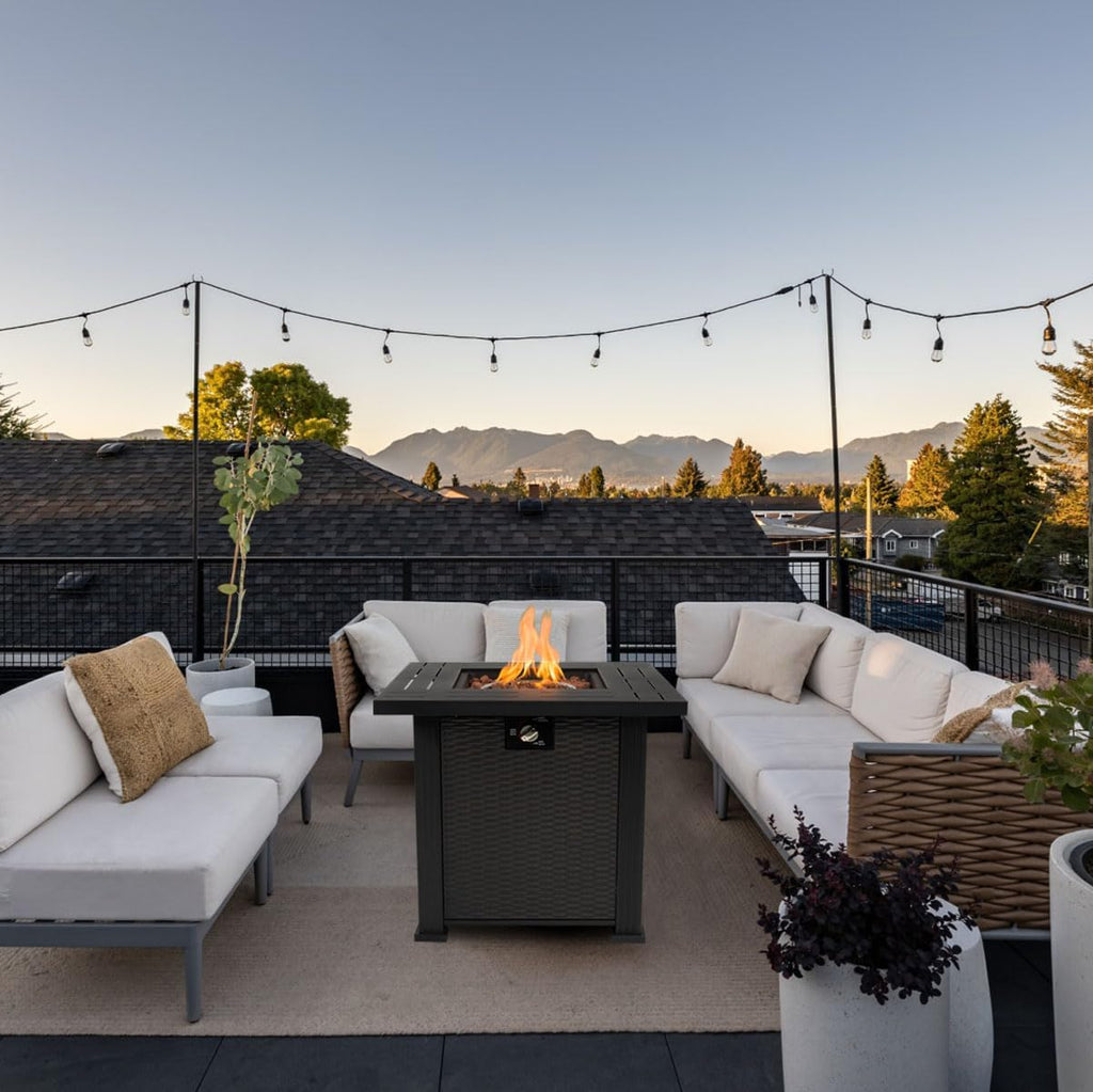 28'' Propane Fire Pit Table, 50,000 BTU Fire Table with Steel Lid, Big Legs, Laval Rocks.